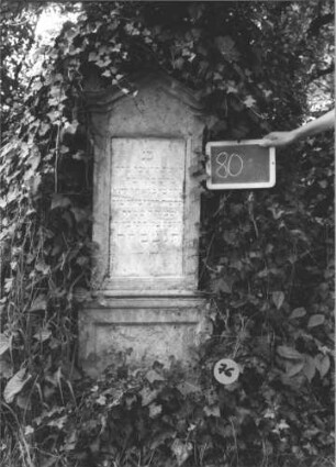 Grabstein 76 (Index: 99805341) Material: Sandstein, weiße Marmorplatte Zustand: verwittert, obere Schriftplatte quer gesprungen, untere entfernt Maße HxBxT: 142x41x25 cm Beschreibung: Stele, getreppter Sockel, giebelartiger Abschluß mit Verdachung und Eckakroteren, Schriftplatte: Grabstein 76