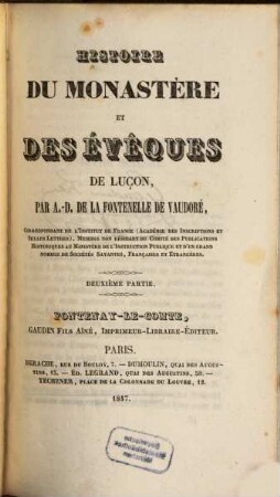 Histoire du monastère et des évêques de Luçon, 2