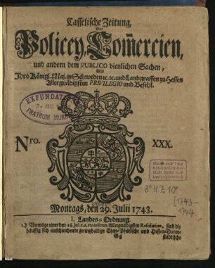 Nro. XXX, Montags, den 29. Julii 1743