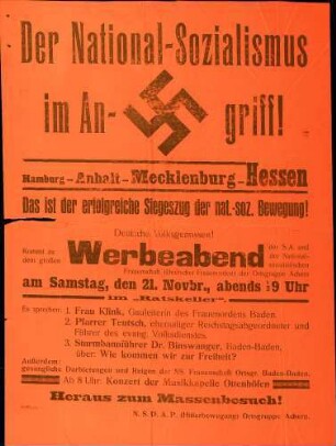 Versammlung der NSDAP-Ortsgruppe Achern: Der National-Sozialismus im Angriff (Werbeabend der SA und der NS-Frauenschaft)