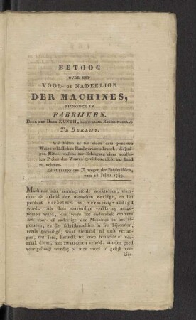 Betoog over het Voor- of Nadeelige der Machines