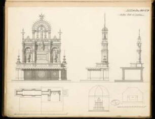 Altar Monatskonkurrenz Februar 1878: Grundriss (Skizze), Aufriss (Skizze); Aufriss Vorderansicht, Seitenansicht, Vertikalschnitt, zwei Horizontalschnitte; 2 Maßstabsleisten