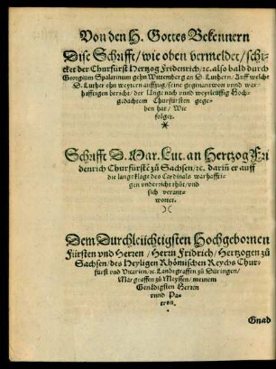Schrifft D. Mar. Lut. an Hertzog Fridenrich Churfürsten zu Sachsen ...