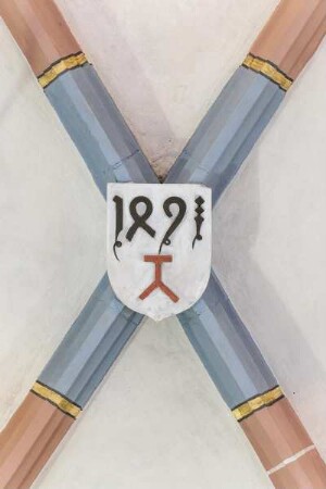 Wappenschild mit Jahreszahl und Steinmetzzeichen