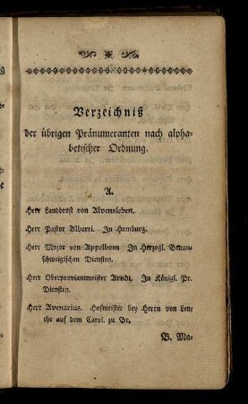 Verzeichniß der übrigen Pränumeranten nach alphabetischer Ordnung.