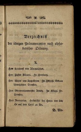 Verzeichniß der übrigen Pränumeranten nach alphabetischer Ordnung.