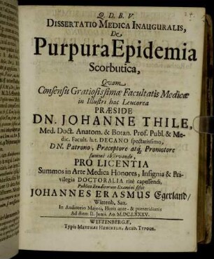 Dissertatio Medica Inauguralis, De Purpura Epidemia Scorbutica