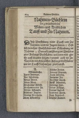 Nahmen-Büchlein der gebräuchlichsten Männ- und Weiblichen Tauff und Zu-Nahmen.