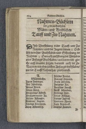 Nahmen-Büchlein der gebräuchlichsten Männ- und Weiblichen Tauff und Zu-Nahmen.