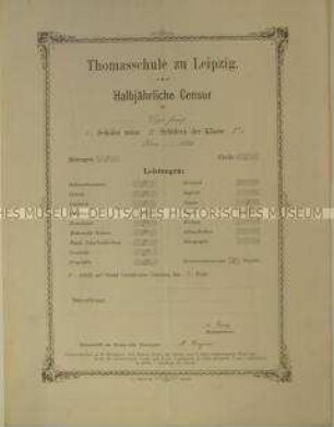 Schulzeugnis der Thomasschule Leipzig für Ernst Heinrich Degen, Klasse IIbA; Ostern 1886