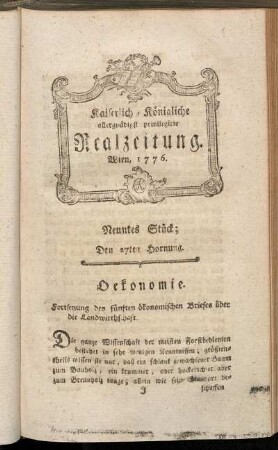 Neuntes Stück; Den 27ten Hornung. Wien, 1776.