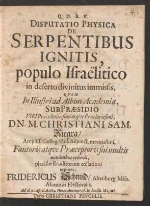 Disputatio Physica De Serpentibus Ignitis, populo Israëlitico in deserto divinitus immissis