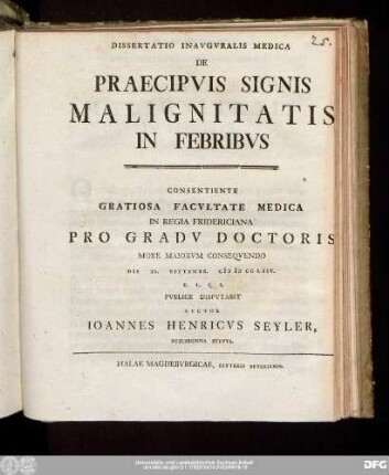 Dissertatio Inavgvralis Medica De Praecipvis Signis Malignitatis In Febribvs