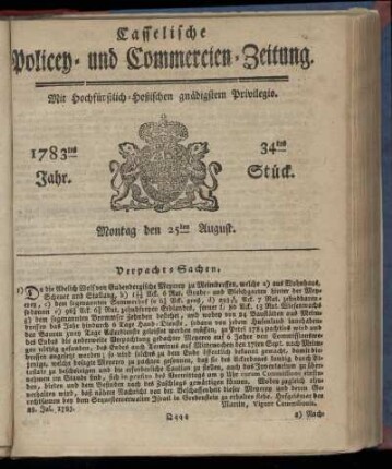 34tes Stueck, Montag den 25ten August. 1783