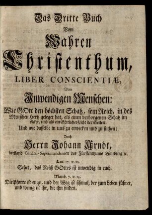 Das Dritte Buch Vom Wahren Christenthum, Liber Conscientiae, ...