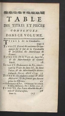Table des titres et pieces
