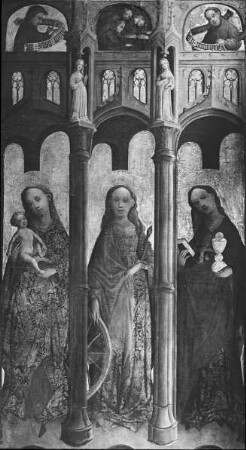 Erfurt, Barfüßerkirche, Hauptaltar, linker Außenflügel: Hl. Maria, Hl. Katharina, Hl. Barbara; Wispach, Michael