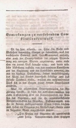 Bemerkungen zu vorstehendem Constitutionsentwurf.