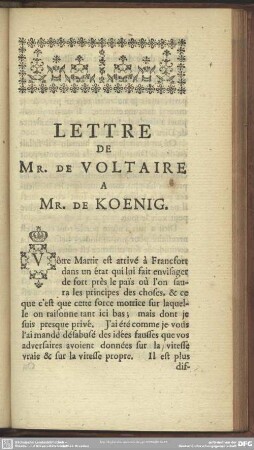 Lettre De Mr. De Voltaire A Mr. De Koenig