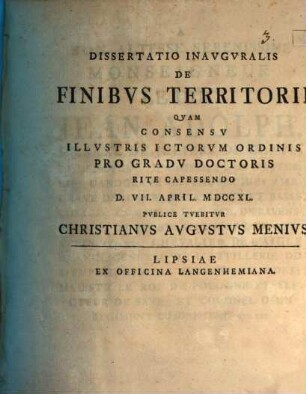 Dissertatio Inauguralis De Finibus Territorii