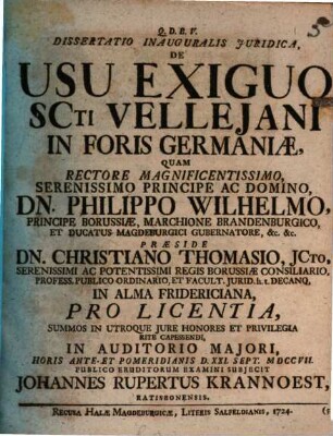 Dissertatio Inauguralis Juridica, De Usu Exiguo Scti Vellejani In Foris Germaniæ