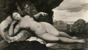 Castelfranco, Giorgio da gen. Giorgione. Ruhende Venus mit Amor in offener Landschaft. Leinwand; 76 x 132 cm