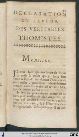 Declaration En Faveur Des Veritables Thomistes.