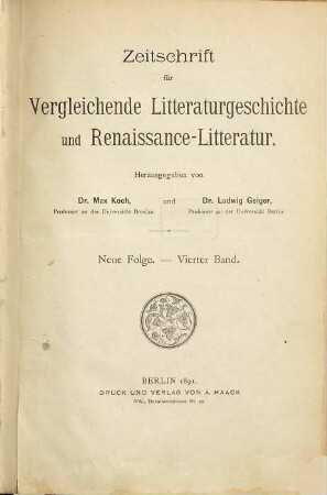 Zeitschrift für vergleichende Litteraturgeschichte und Renaissance-Litteratur. 4. 1891