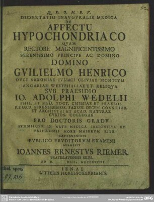 Dissertatio Inauguralis Medica De Affectu Hypochondriaco