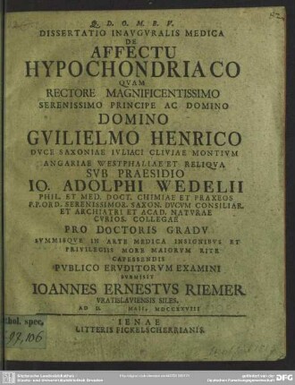 Dissertatio Inauguralis Medica De Affectu Hypochondriaco