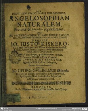 Disputatio Inauguralis Philosophica, Angelosophiam Naturalem : Breviter ... repraesentans