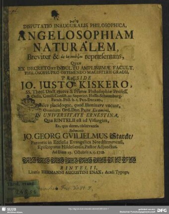 Disputatio Inauguralis Philosophica, Angelosophiam Naturalem : Breviter ... repraesentans