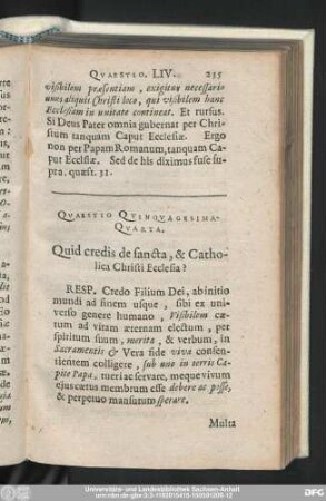Quaestio Quinquagesima-Quarta. Quid credis de sancta, & Cahtolica Christi Ecclesia?