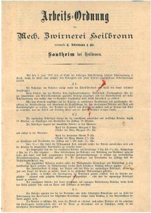 Arbeitsordnung der Mechanischen Zwirnerei Heilbronn, vormals C. Ackermann&Cie