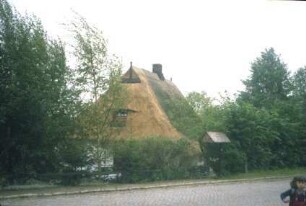 Bestestraße 47: Kate mit Reetdach: davor Hecke, Eingangspforte, Straße