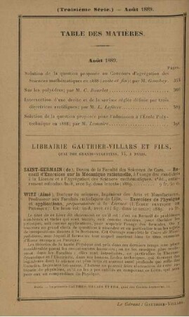 Table des matières. Août 1889.