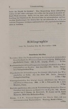 Bibliographie vom 15. October bis 31. December 1866.
