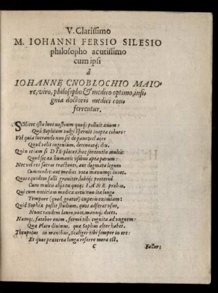 V. Clarissimo M. Iohanni Fersio ...