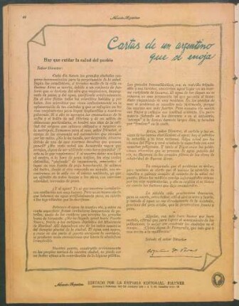 Cartas de un argentino que se enoja : Hay que cuidar la salud del pueblo