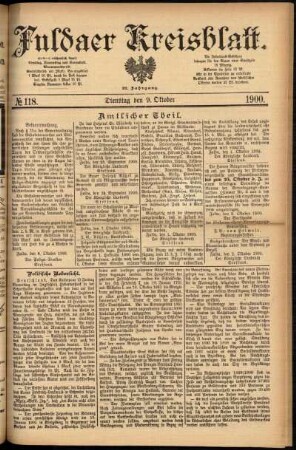Erste Ausgabe vom Dienstag, den 09. Oktober 1900.