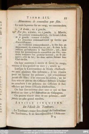 Article Cinquime. De l'Ecole des Tambours.