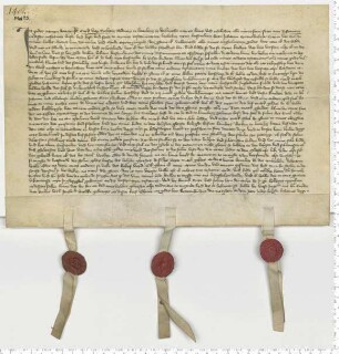 Testament des Ratsmannes Curd van Boltzen, mitbesiegelt von den Ratsmannen Hinrik Bere und Johan van der Molen