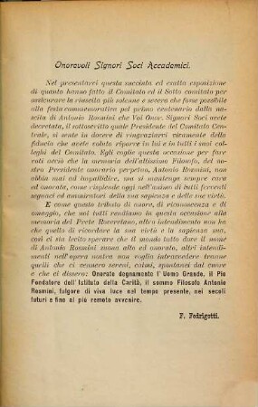 Relazione della presidenza del comitato intorno all'operato dello stesso : Commemorazione del primo centenario dalla nascita di Antonio Rosmini