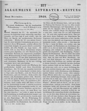 Romang, J. P.: Der neueste Pantheismus, oder die junghegelsche Weltanschauung, nach ihren theoretischen Grundlagen und praktischen Consequenzen. Allen Denkenden gewidmet. Bern: Stämpflische Verlagshandlung; Zürich: Schultheß 1848 (Fortsetzung von Nr. 276)