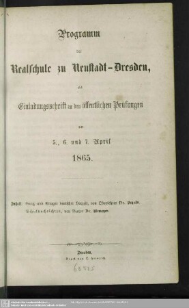 1864/65: Programm der Realschule zu Neustadt-Dresden : als Einladungsschrift zu den öffentlichen Prüfungen am ..