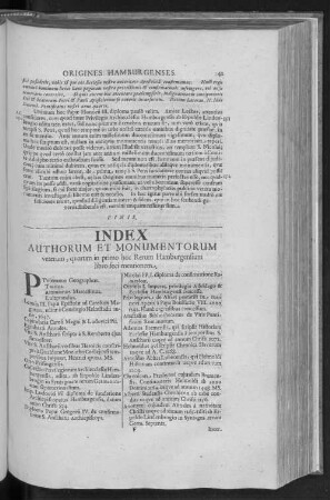 INDEX AUTHORUM ET MONUMENTUORUM veterum, quorum in primo hoc Rerum Hamburgensium libro feci mentionem.