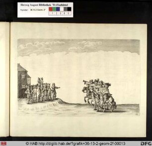 Vier Reiter mit Fanfaren und eine Gruppe von Edelmännern.