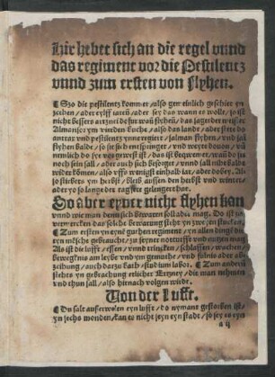 Hir hebet sich an die regel unnd das regiment vor die Pestilentz unnd zum ersten von Flyhen.