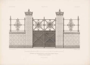 Haus von M. Gropius auf dem Karlsbad, Berlin: Ansicht Gittertor und Abschlussmauer (aus: Architektonisches Skizzenbuch, H. 156/3, 1879)