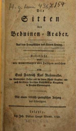 Die Sitten der Beduinen-Araber : Aus dem Französischen des Ritters Arvieux